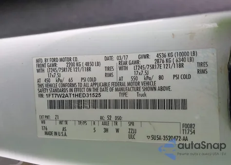 2017 Ford F-250 Xl from USA, damaged, VIN 1FT7W2AT1HED31525